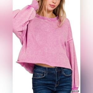Zenana Acid Washed Fleece Top/Mauve